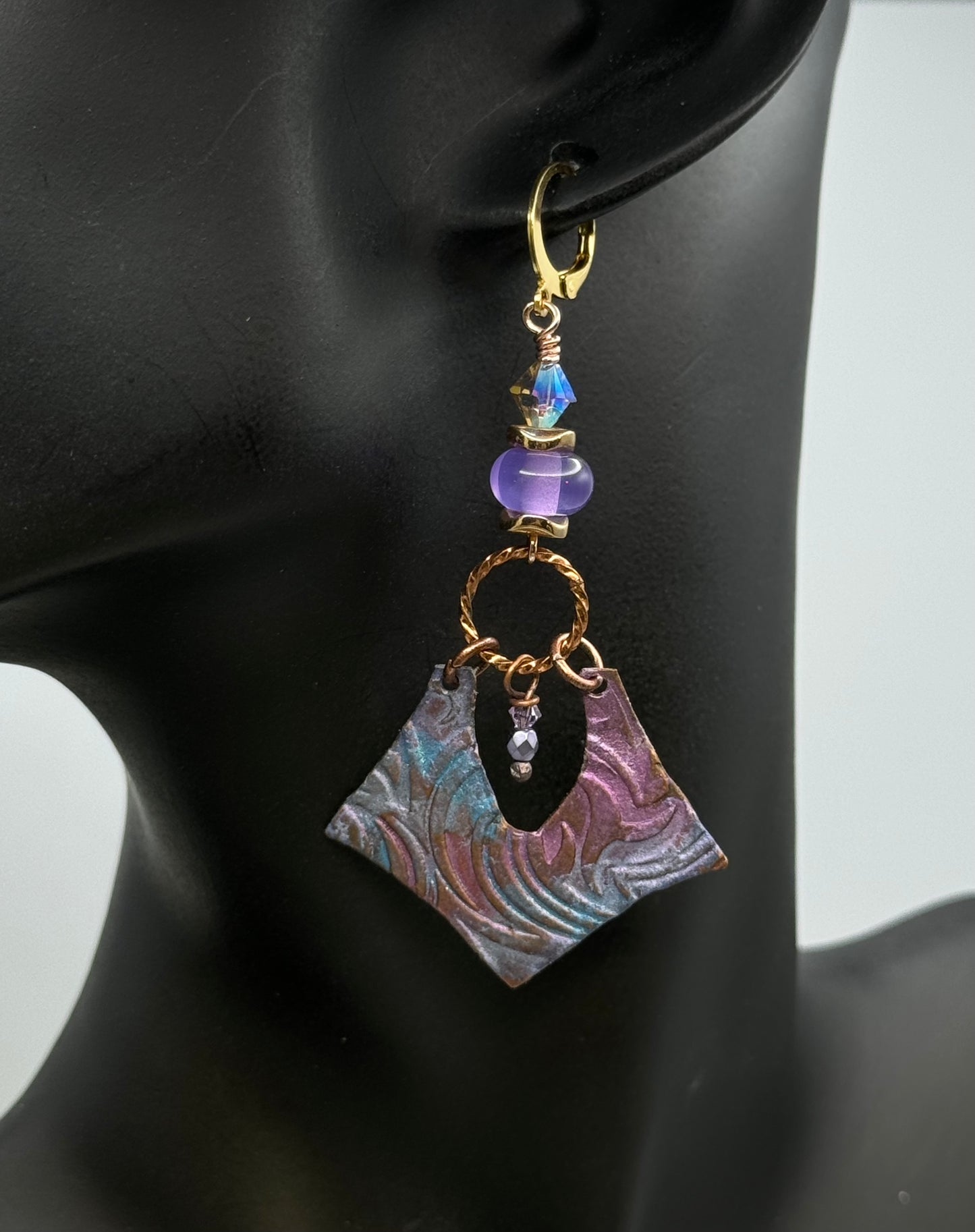 Lampwork and copper purple earrings