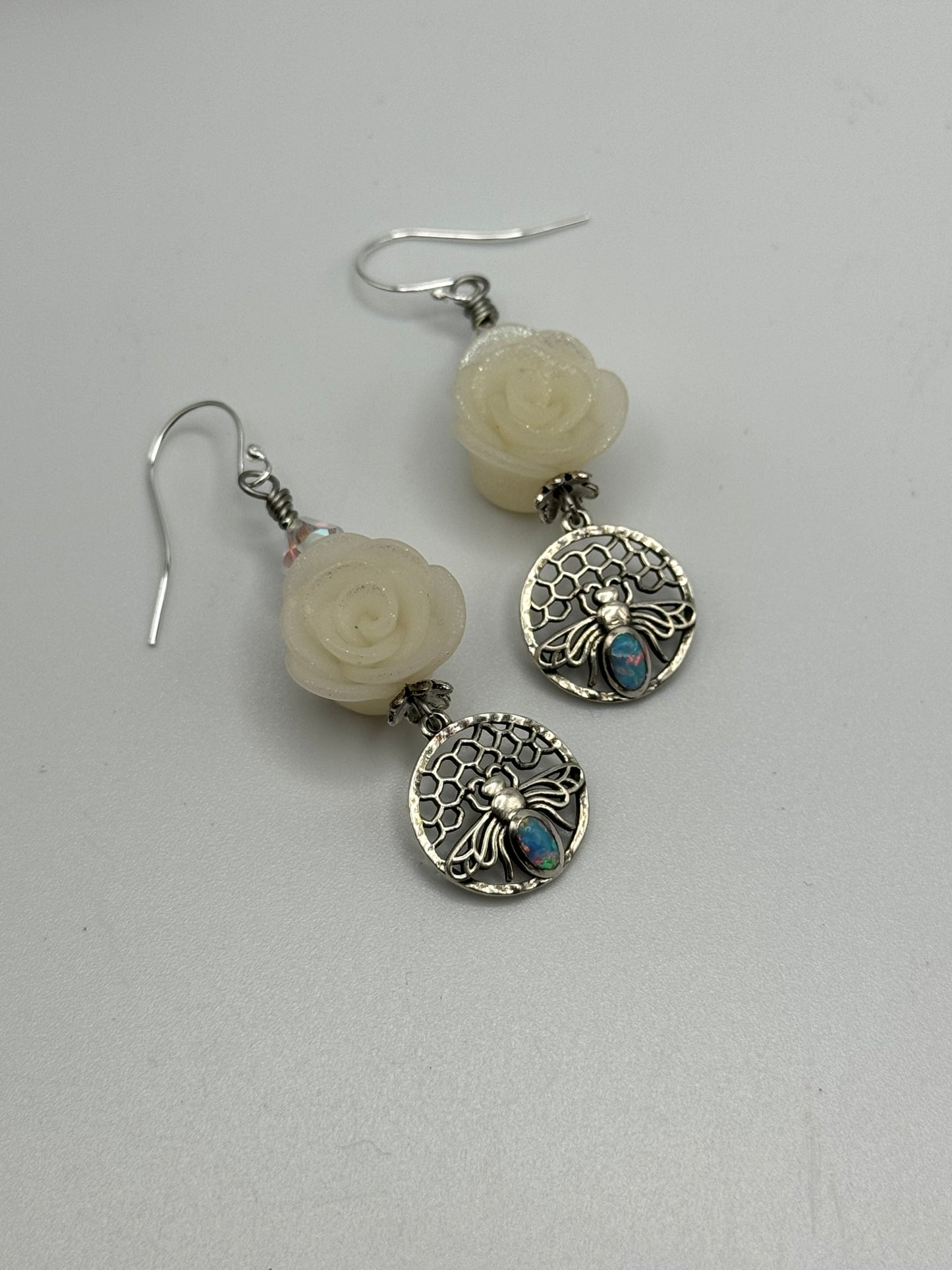 Honeycomb bee and roses earrings