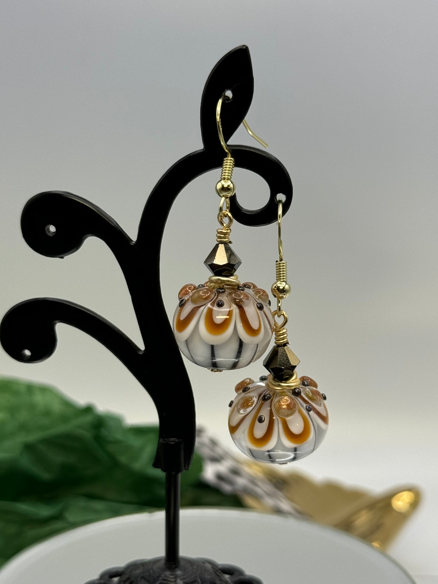 Gold, white and black lampwork earrings