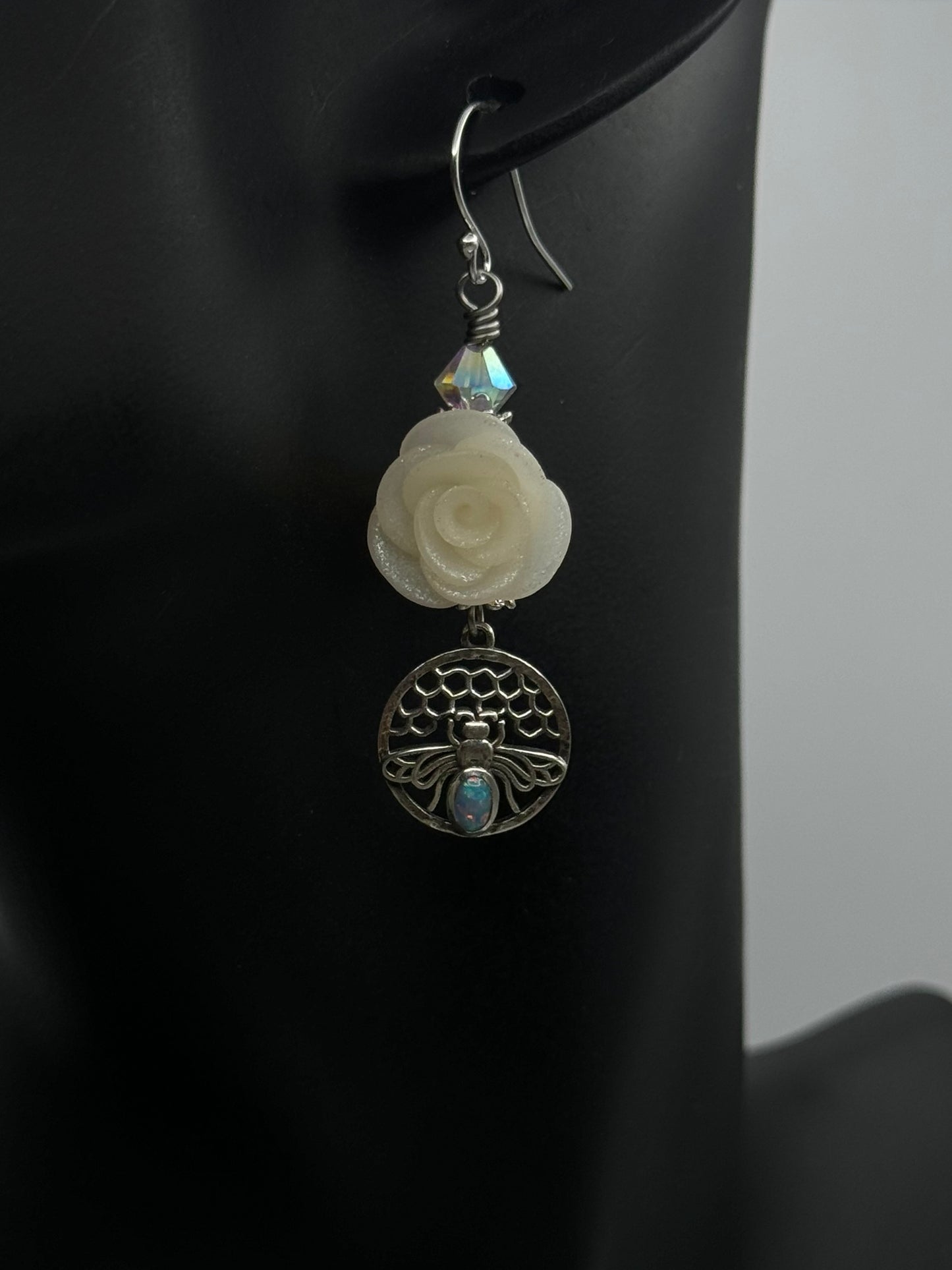 Honeycomb bee and roses earrings