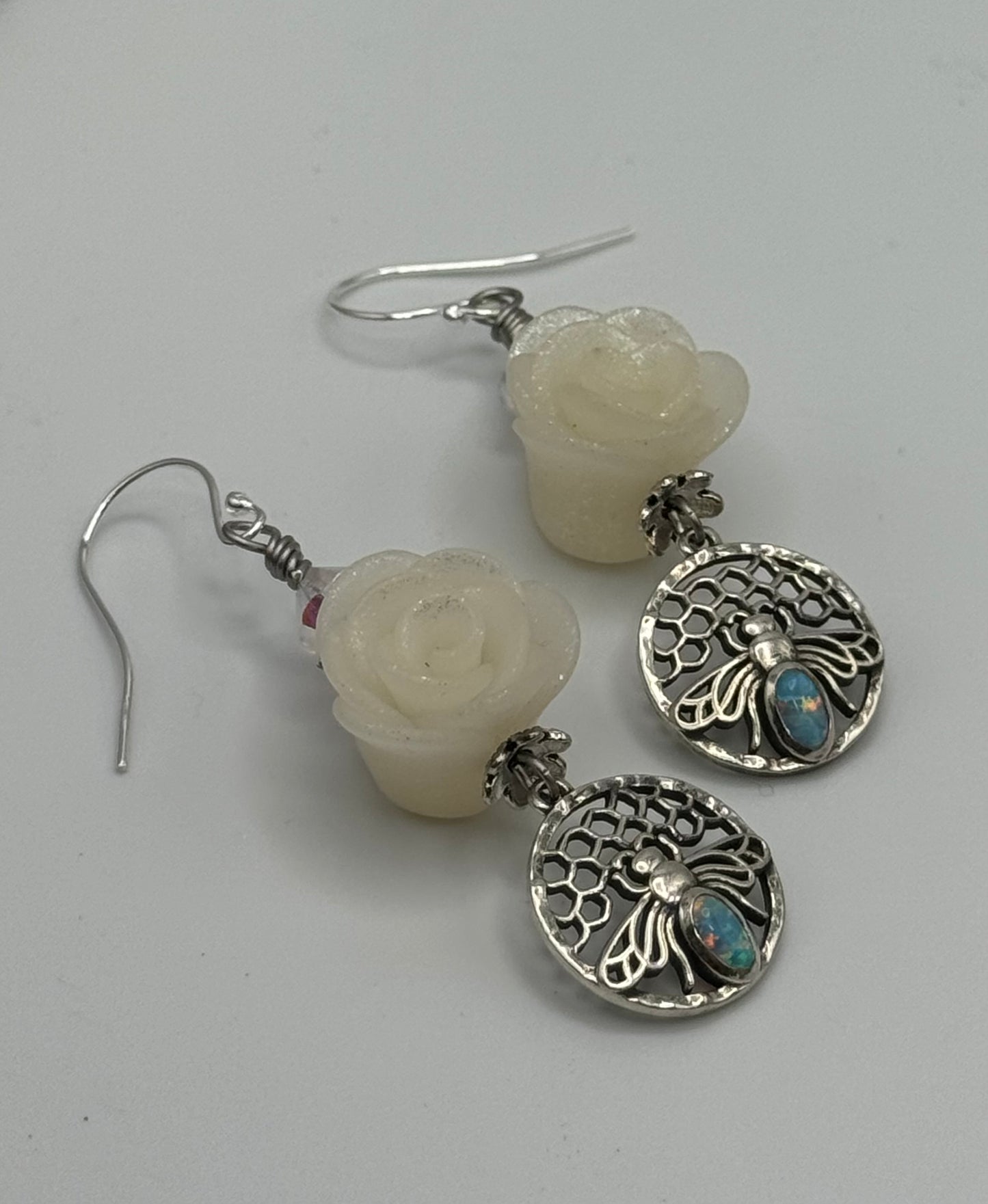 Honeycomb bee and roses earrings