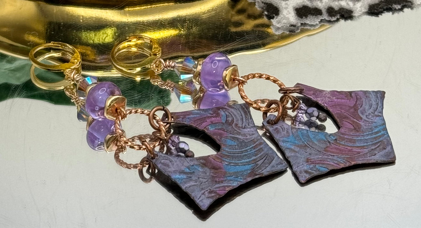 Lampwork and copper purple earrings