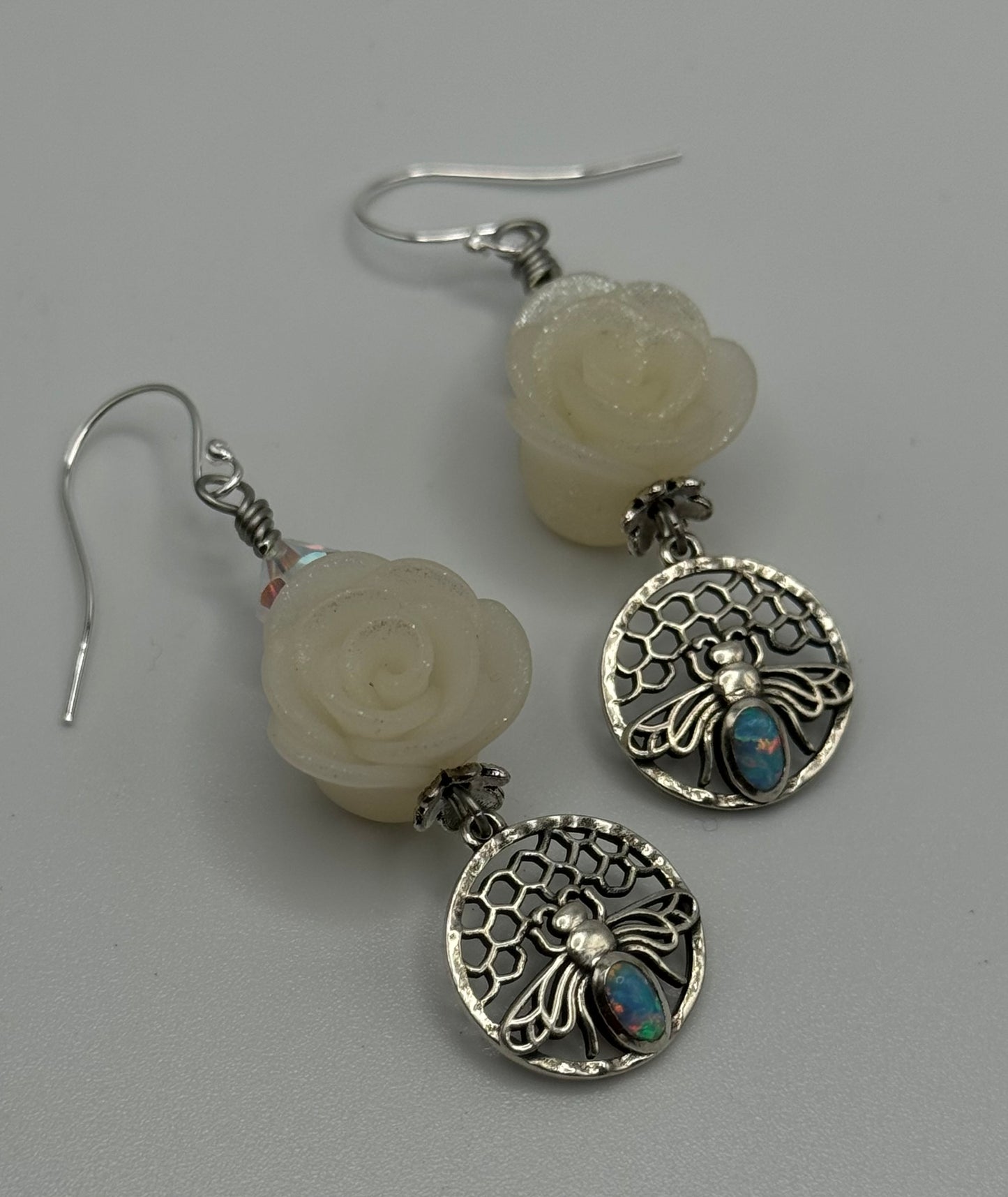 Honeycomb bee and roses earrings