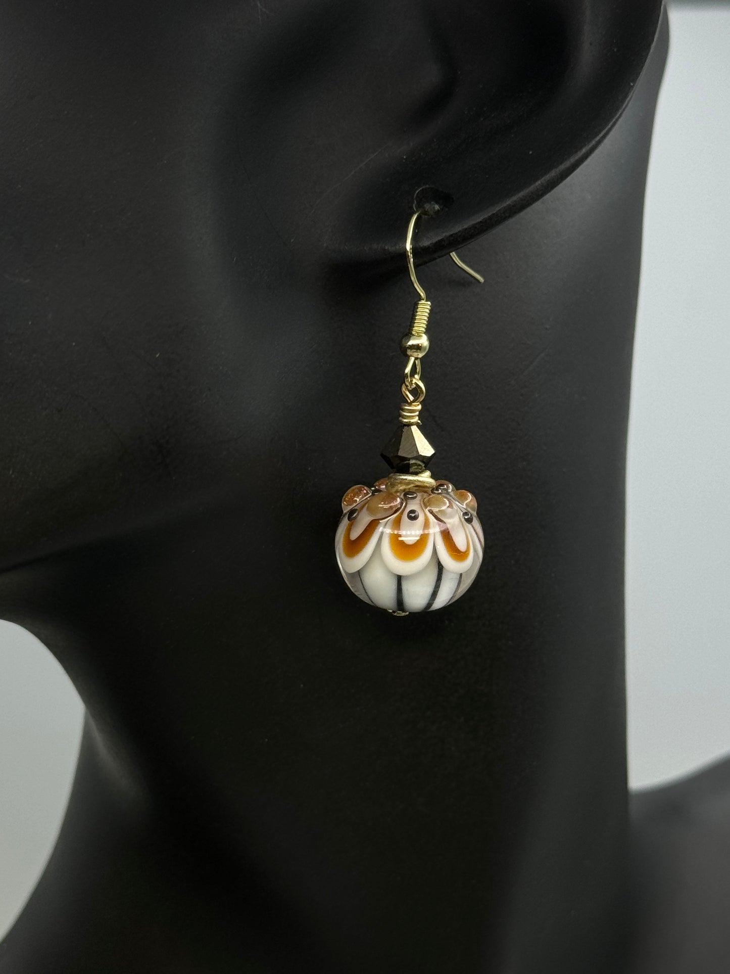 Gold, white and black lampwork earrings