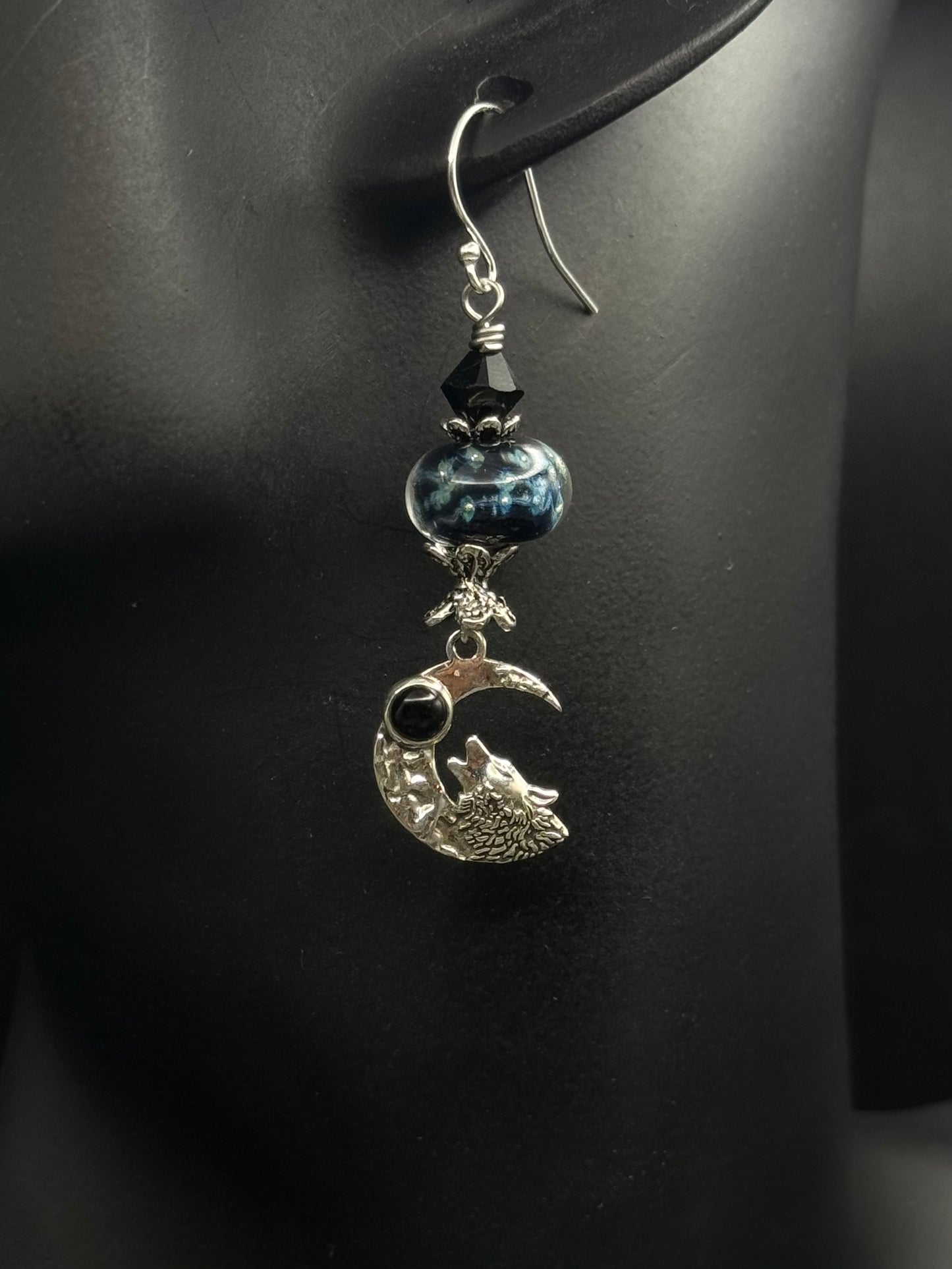 Sterling silver and onyx wolf moon earrings