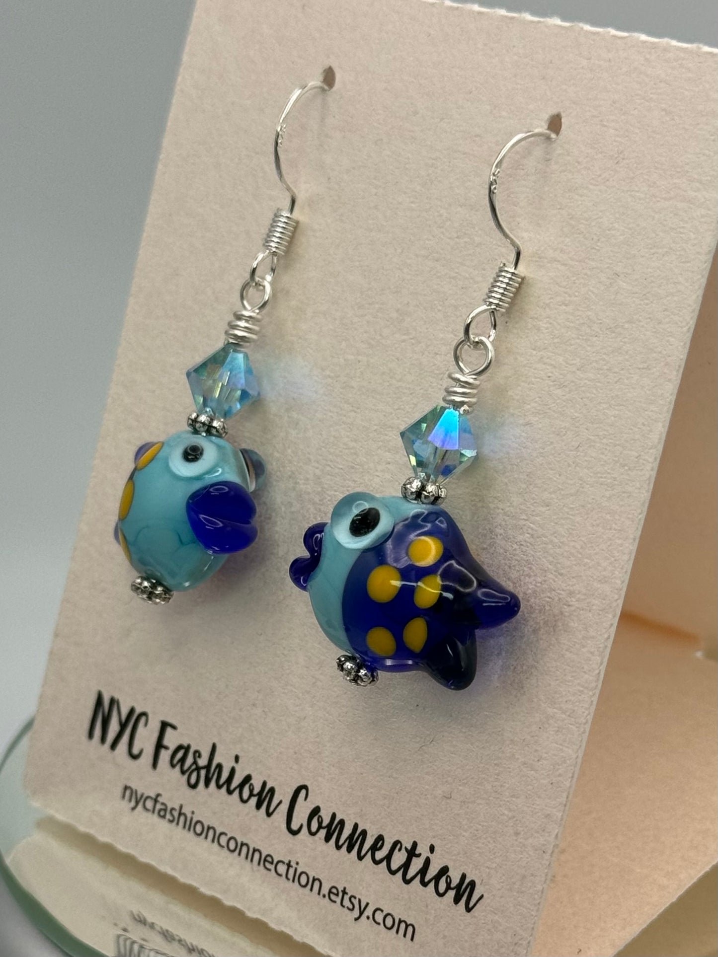 Lampwork blue fish earrings