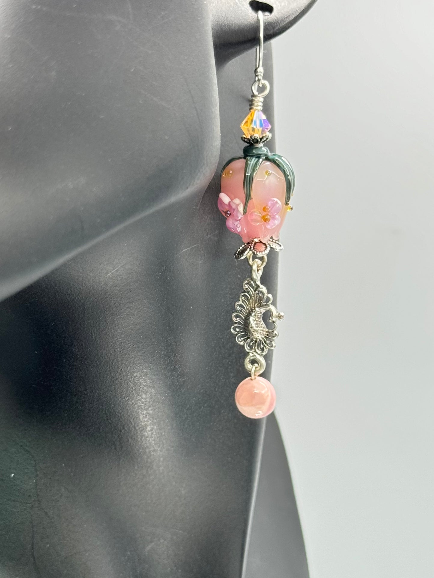 Peacock lampwork and opal earrings