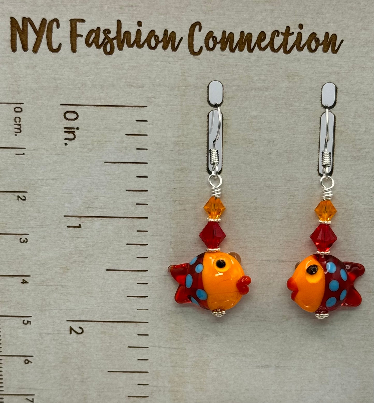 Lampwork orange and red fish earrings