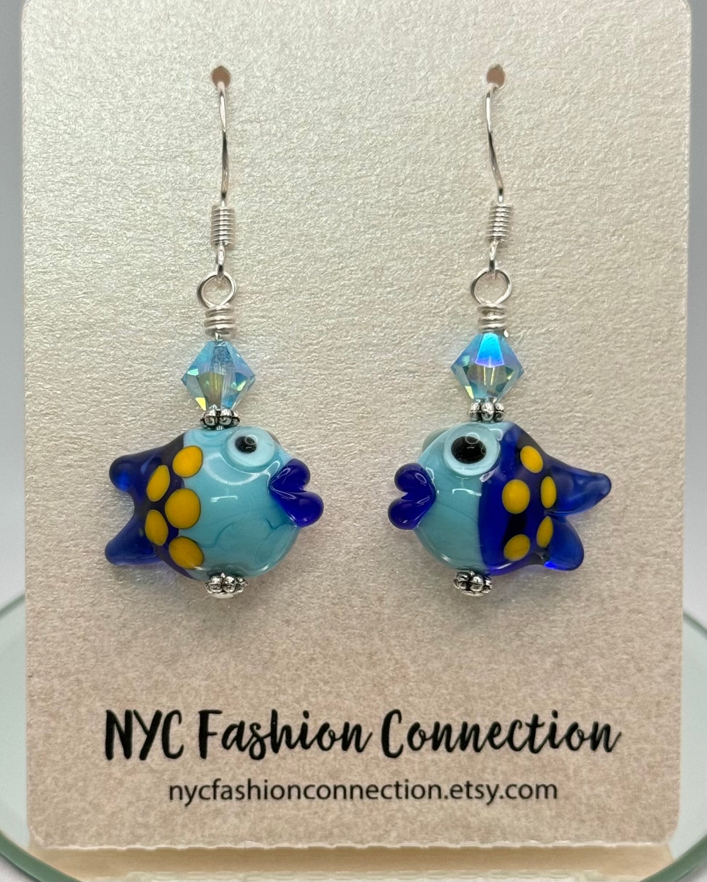 Lampwork blue fish earrings