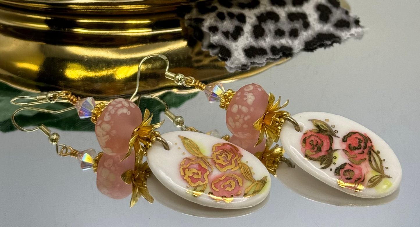 22k porcelain and lampwork floral earrings