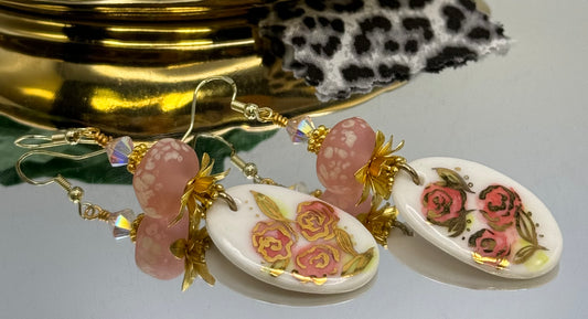 22k porcelain and lampwork floral earrings